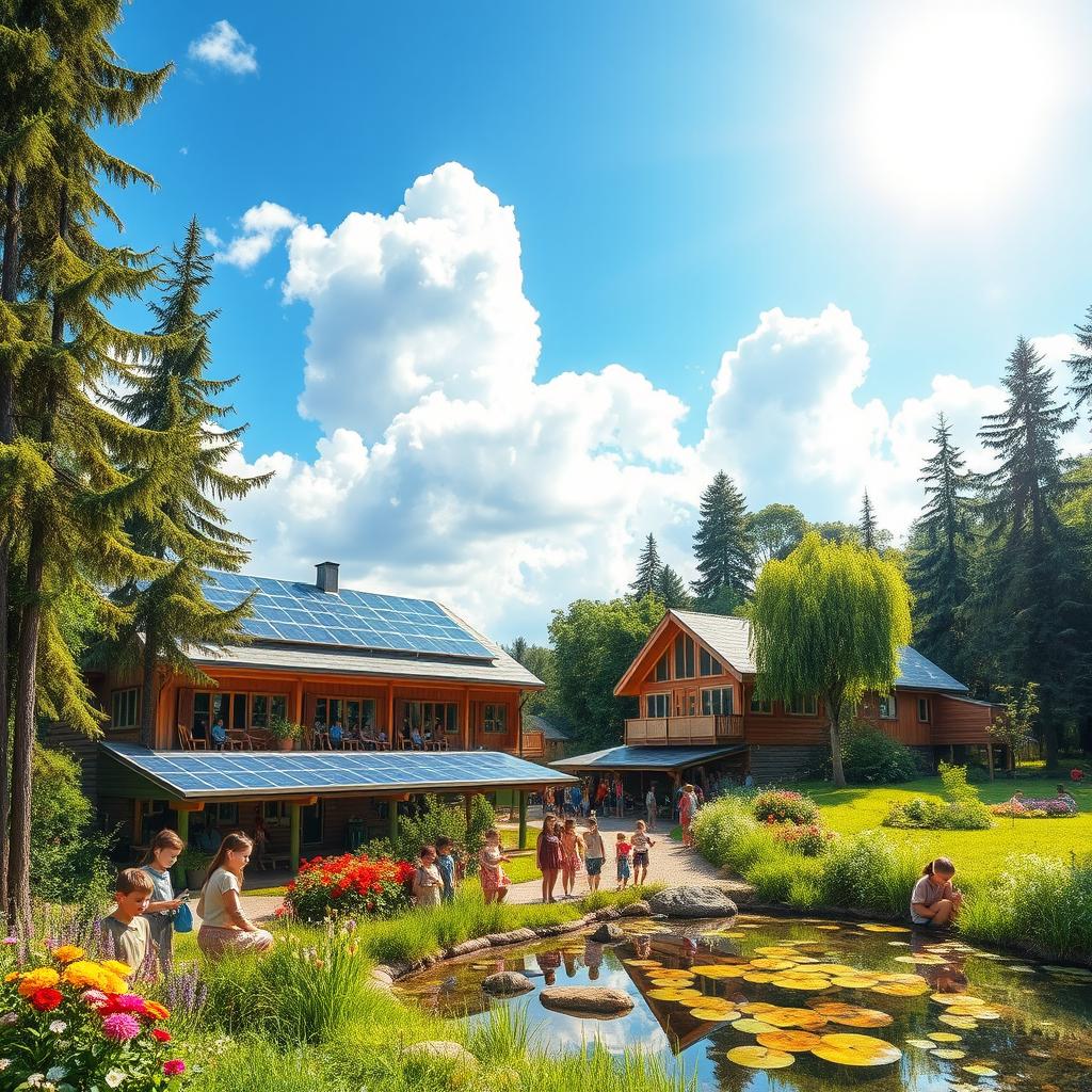 A vibrant and inspiring sustainable school nestled in a lush natural setting, surrounded by tall trees and colorful flowers