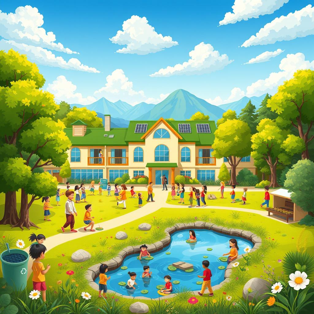 A vibrant and engaging illustration of a sustainable school surrounded by lush nature, showcasing diverse students playing and learning in an eco-friendly environment