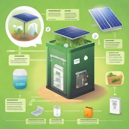 Create an annotated illustration of the 'EcoHarvestBin'. Include a solar panel, smart sensor, recycling chamber, and a symbol representing its companion mobile app, all labeled with their respective functions.