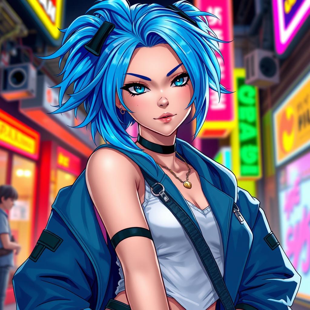 A stunning and fierce female character inspired by anime aesthetics, featuring vibrant blue hair styled in a dramatic way, captivating teal eyes that shine, and wearing a stylish, dynamic outfit blending modern street fashion with fantastical elements