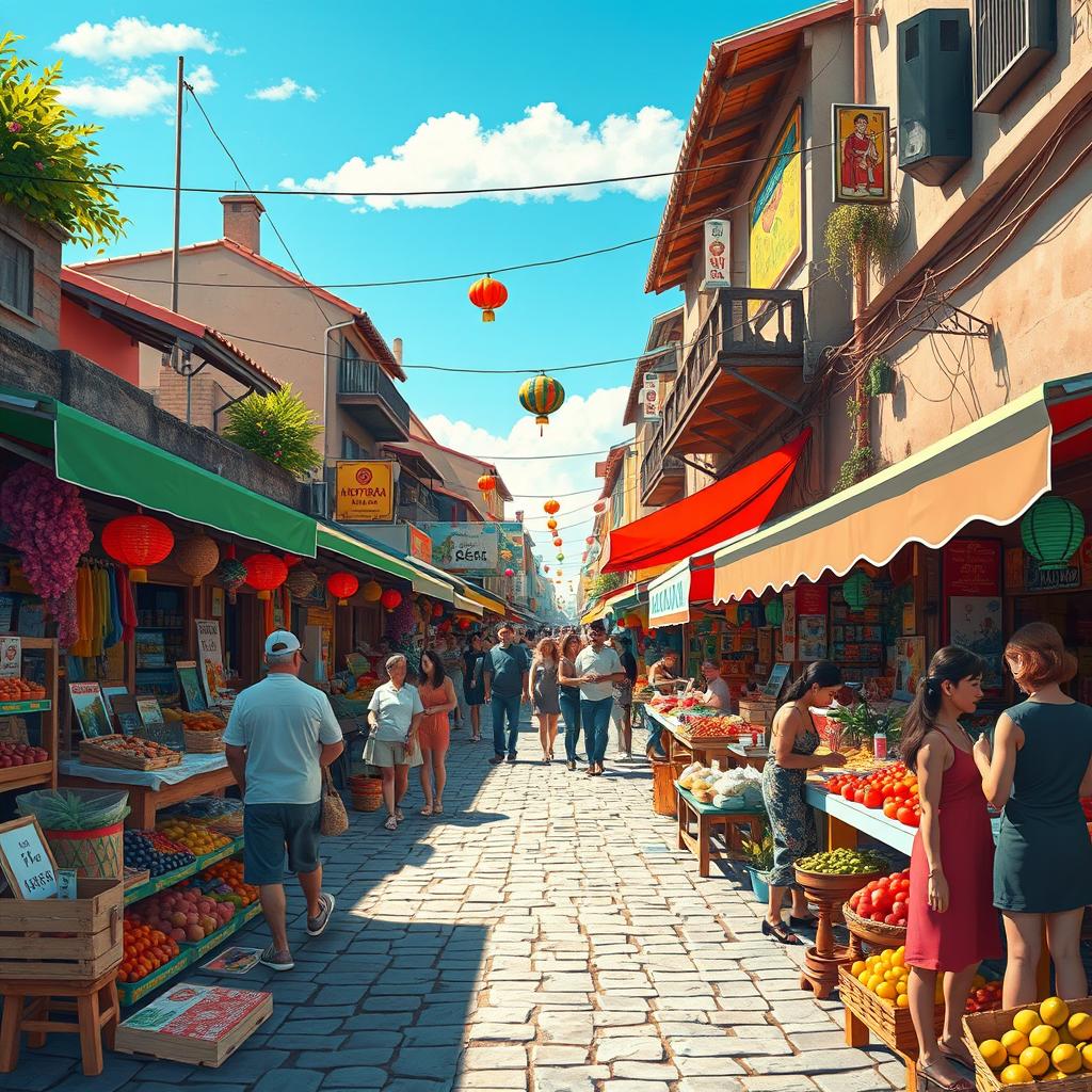 An imaginative and detailed representation of a vibrant street market filled with colorful stalls, showcasing a variety of local crafts and fresh produce