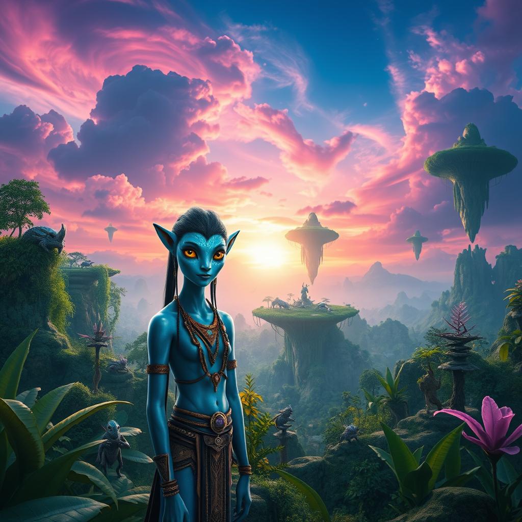 A stunning, fictional world inspired by the movie Avatar, featuring vibrant, bioluminescent flora and majestic floating islands