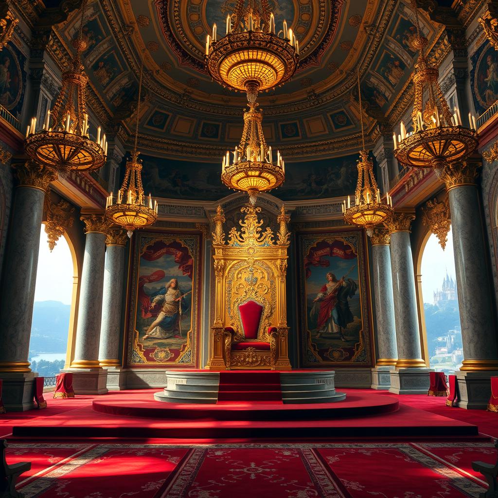 A majestic royal throne room, richly adorned and illuminated with golden chandeliers hanging from a high, ornate ceiling