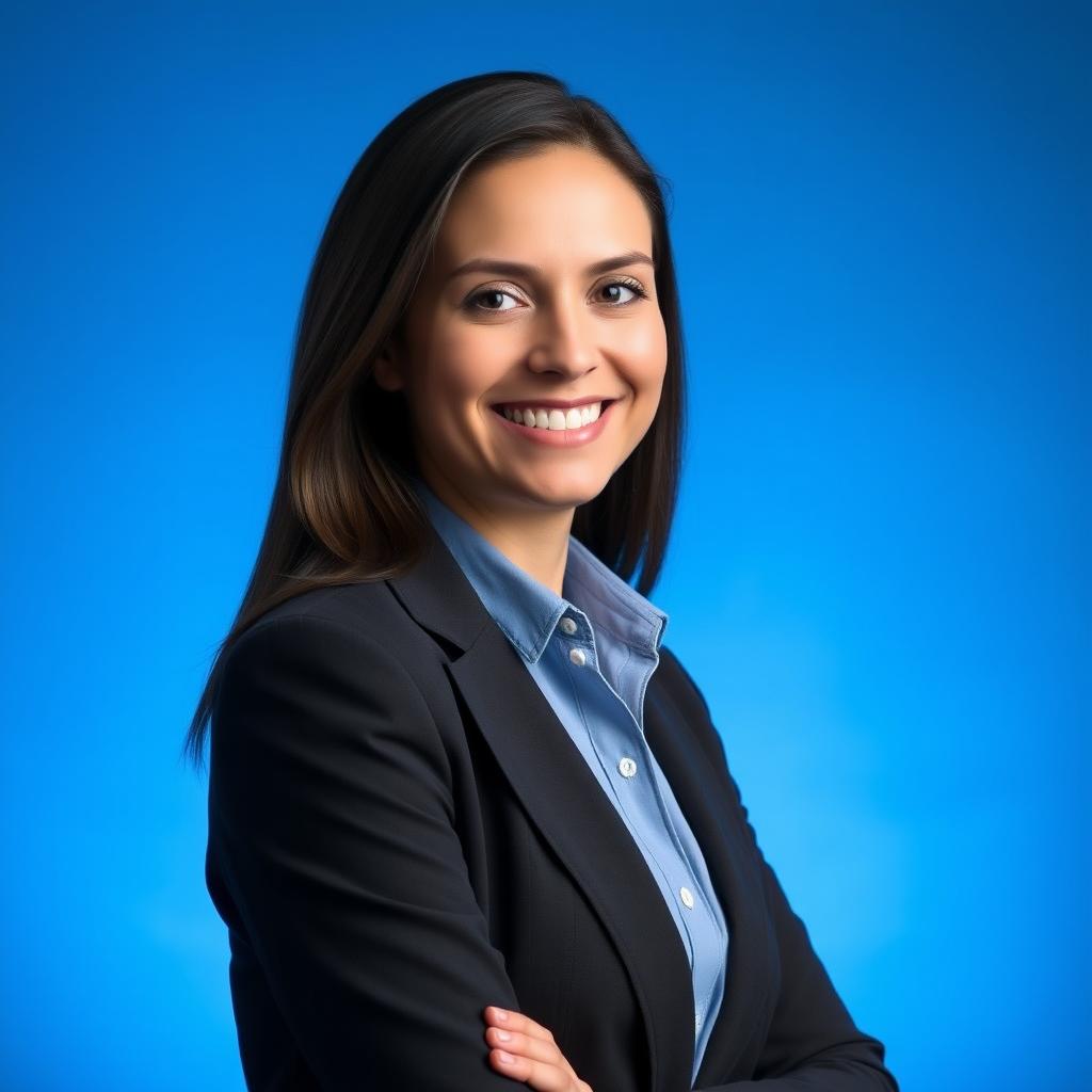 A professional headshot suitable for LinkedIn, featuring a confident individual against a gradient blue background