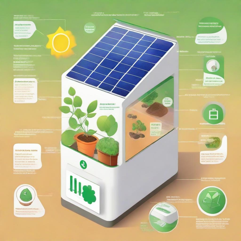 Create an annotated illustration of the 'EcoHarvestBin'. Include a solar panel, smart sensor, recycling chamber, and a symbol representing its companion mobile app, all labeled with their respective functions.