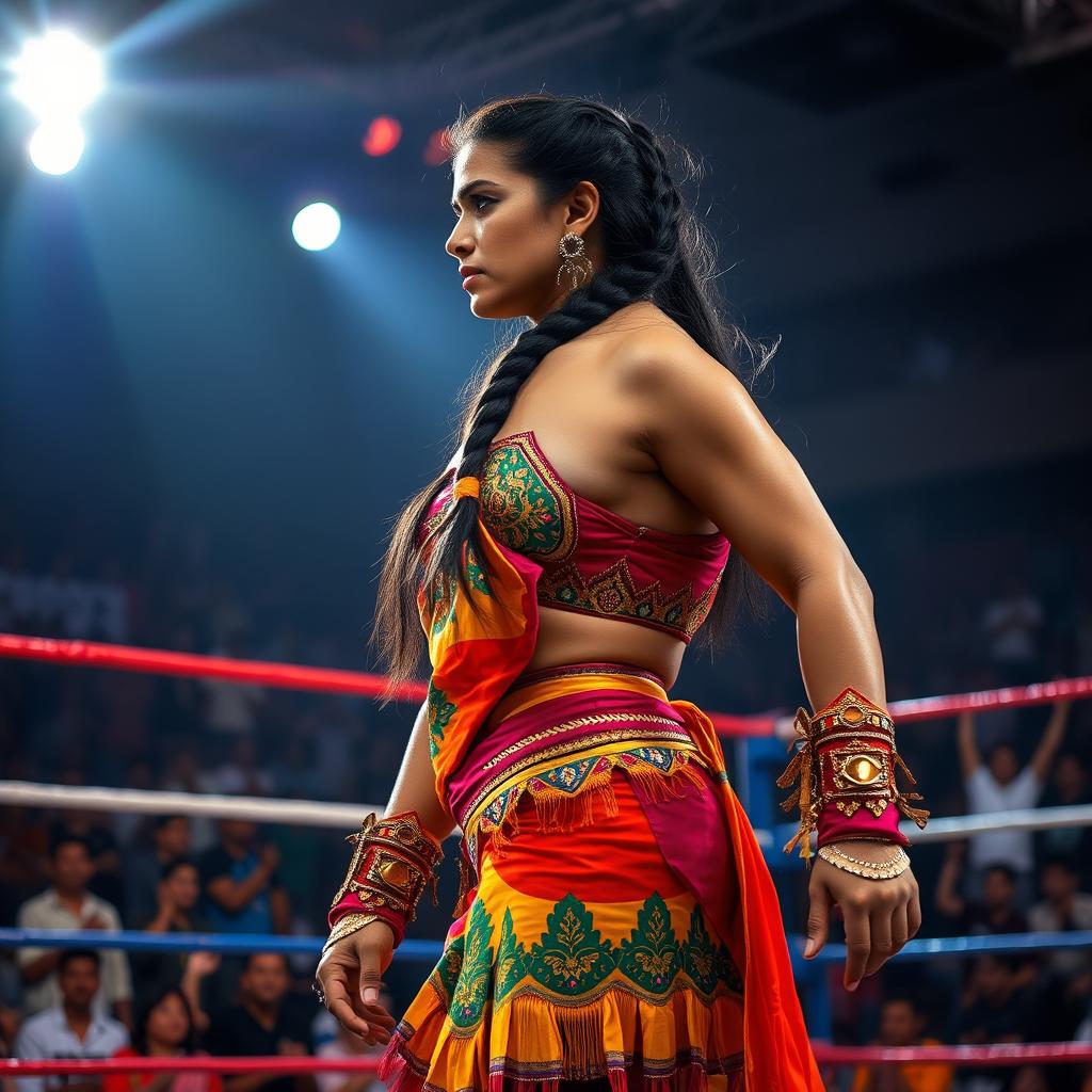 A scene featuring a fierce Indian woman pro wrestler in an electrifying wrestling ring, wearing a vibrant traditional wrestling costume that combines elements of traditional Indian attire with modern wrestling gear