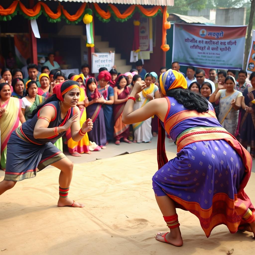 A dynamic scene featuring Indian women in traditional wrestling attire, showcasing their strength and athleticism