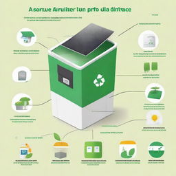 Create a detailed diagram of 'EcoHarvestBin' with labelled components like a solar panel, smart sensor, recycling chamber and mobile app icon, each with their respective functions indicated.