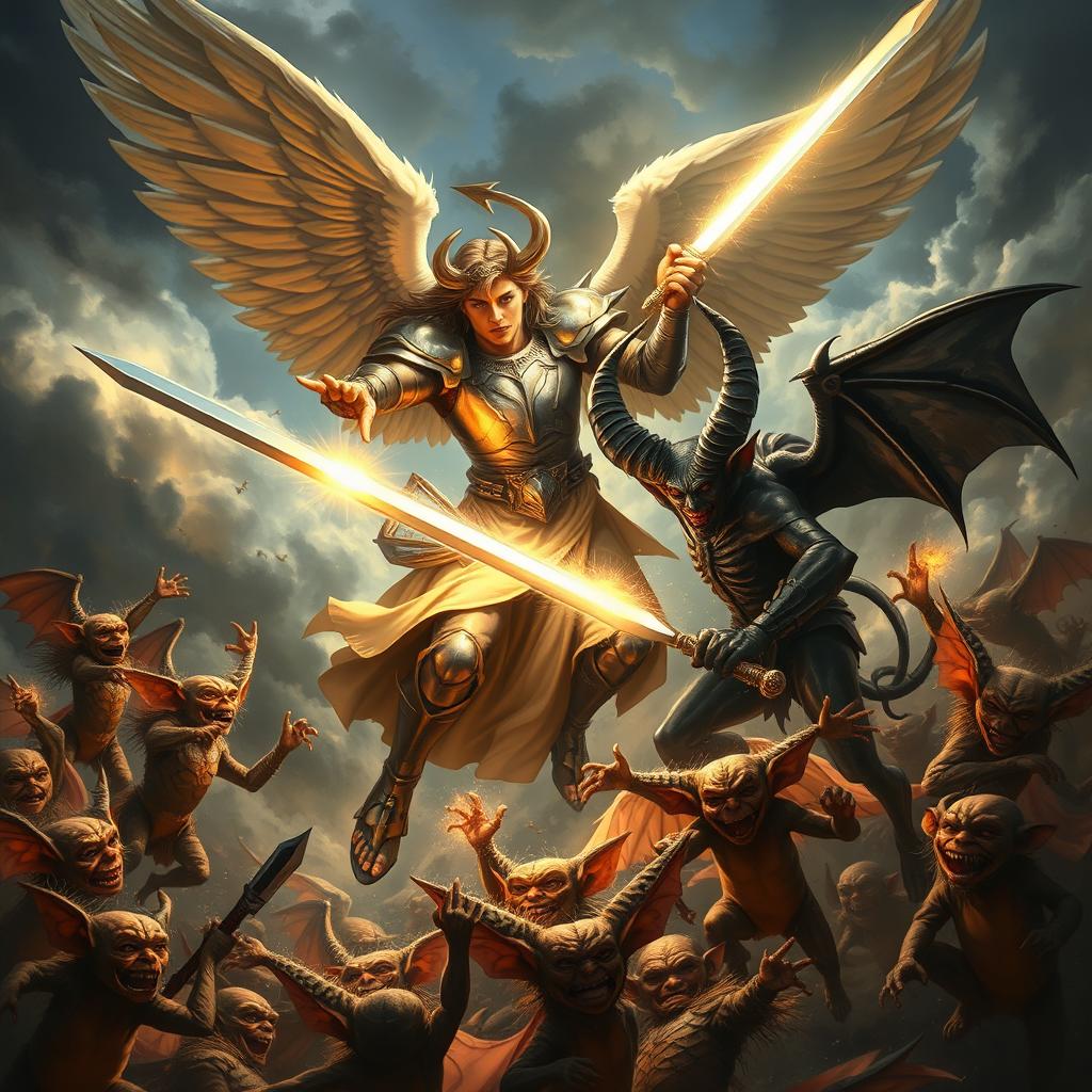 A dramatic scene depicting an angel in a fierce battle against a devil and a horde of mischievous gremlins