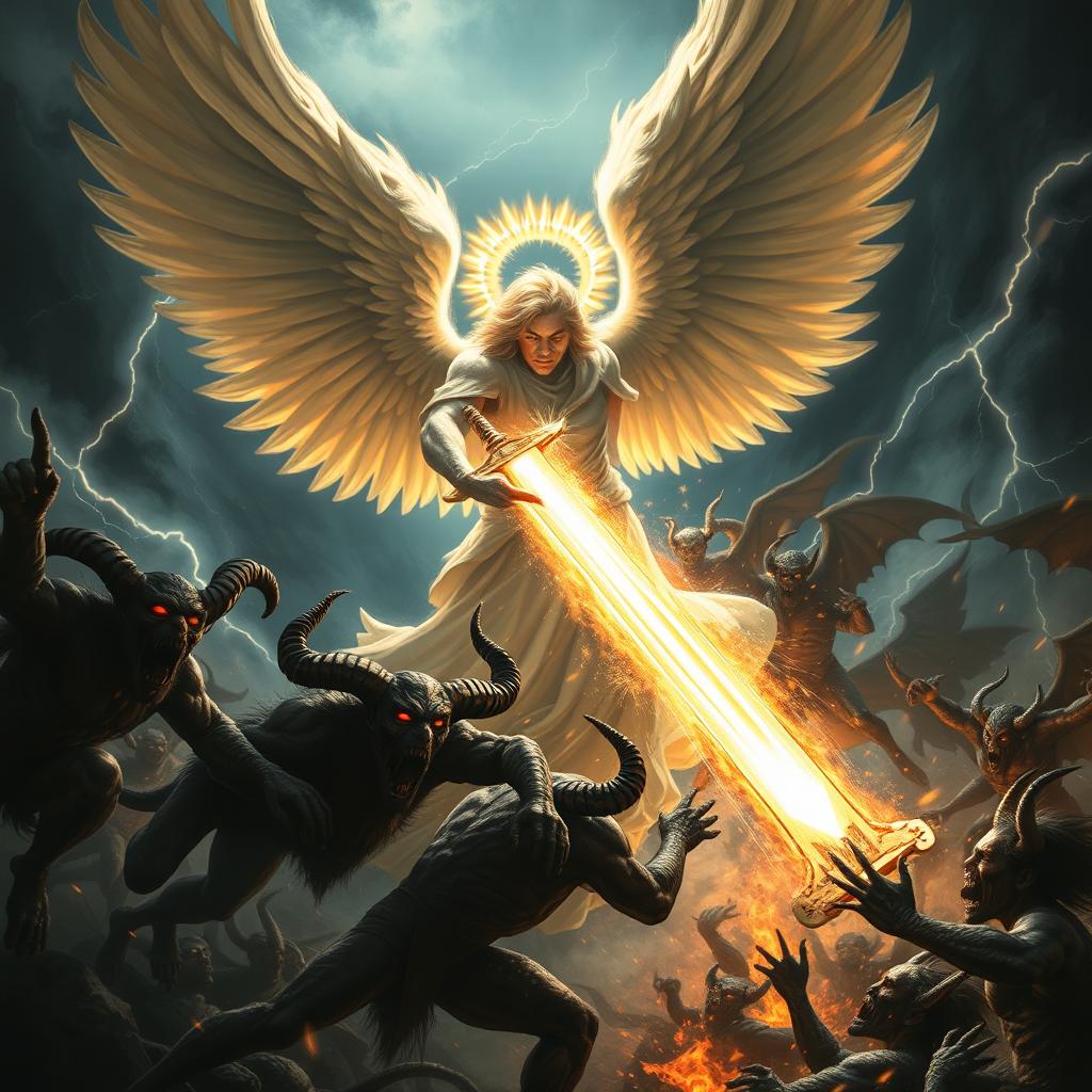 An epic scene depicting an angel with an ethereal glow, adorned with a shimmering halo, fiercely attacking a group of devils and their minions