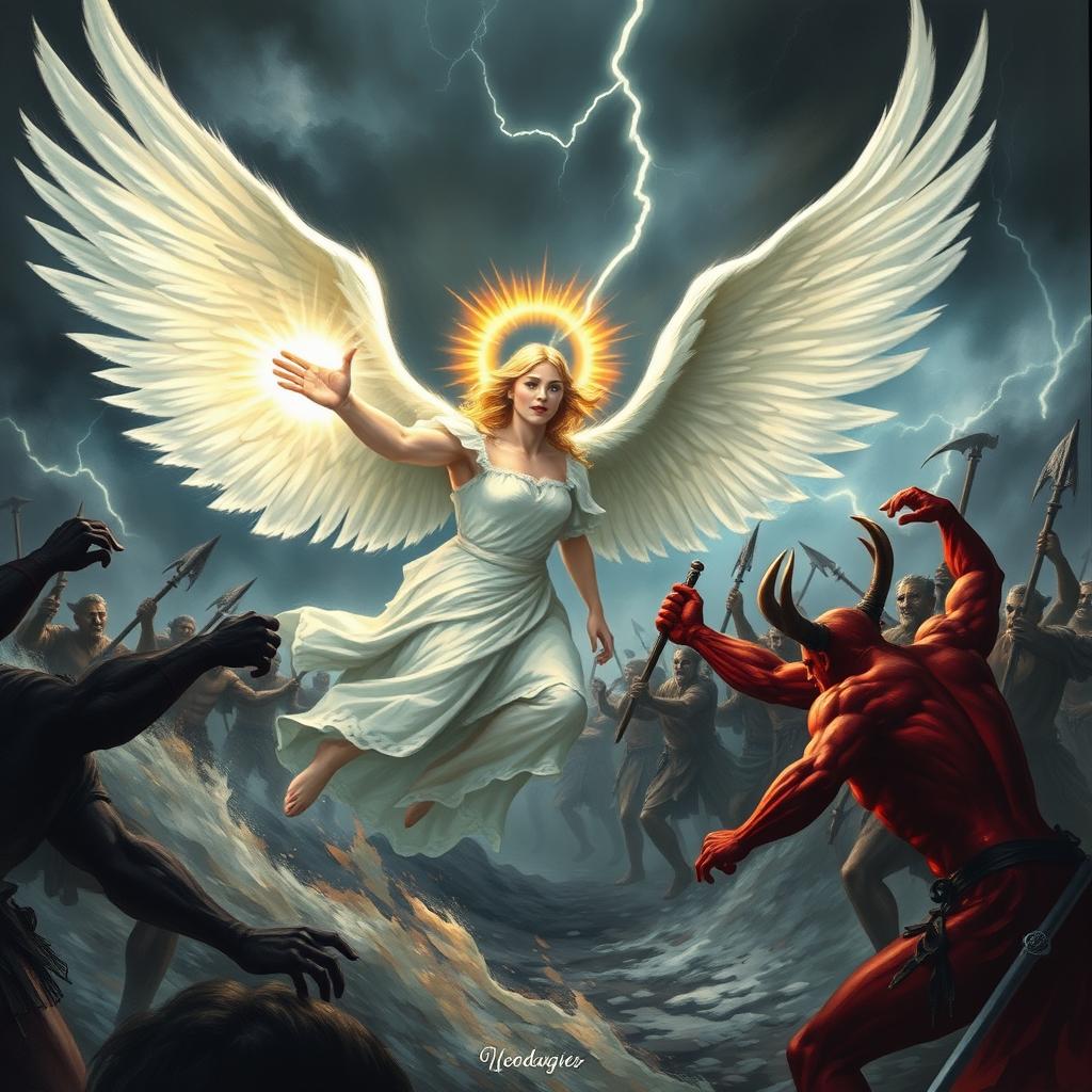 A fierce battle scene depicting an angel with magnificent white wings and a glowing halo, charging forward to attack a devil surrounded by dark, sinister minions