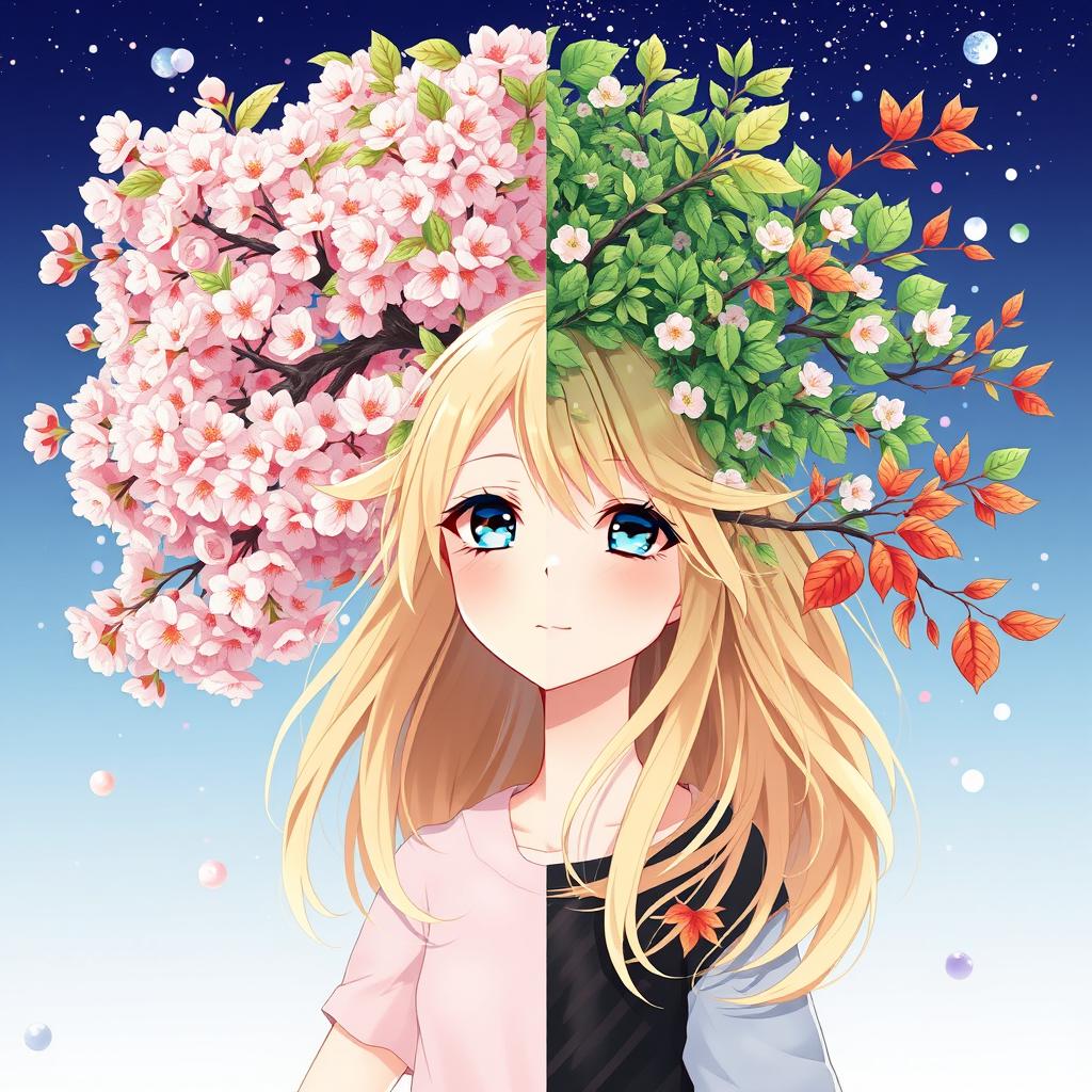 A captivating anime-style illustration designed for a book cover, featuring a blonde girl harmoniously integrated with a cherry tree, showcasing the beauty of all four seasons