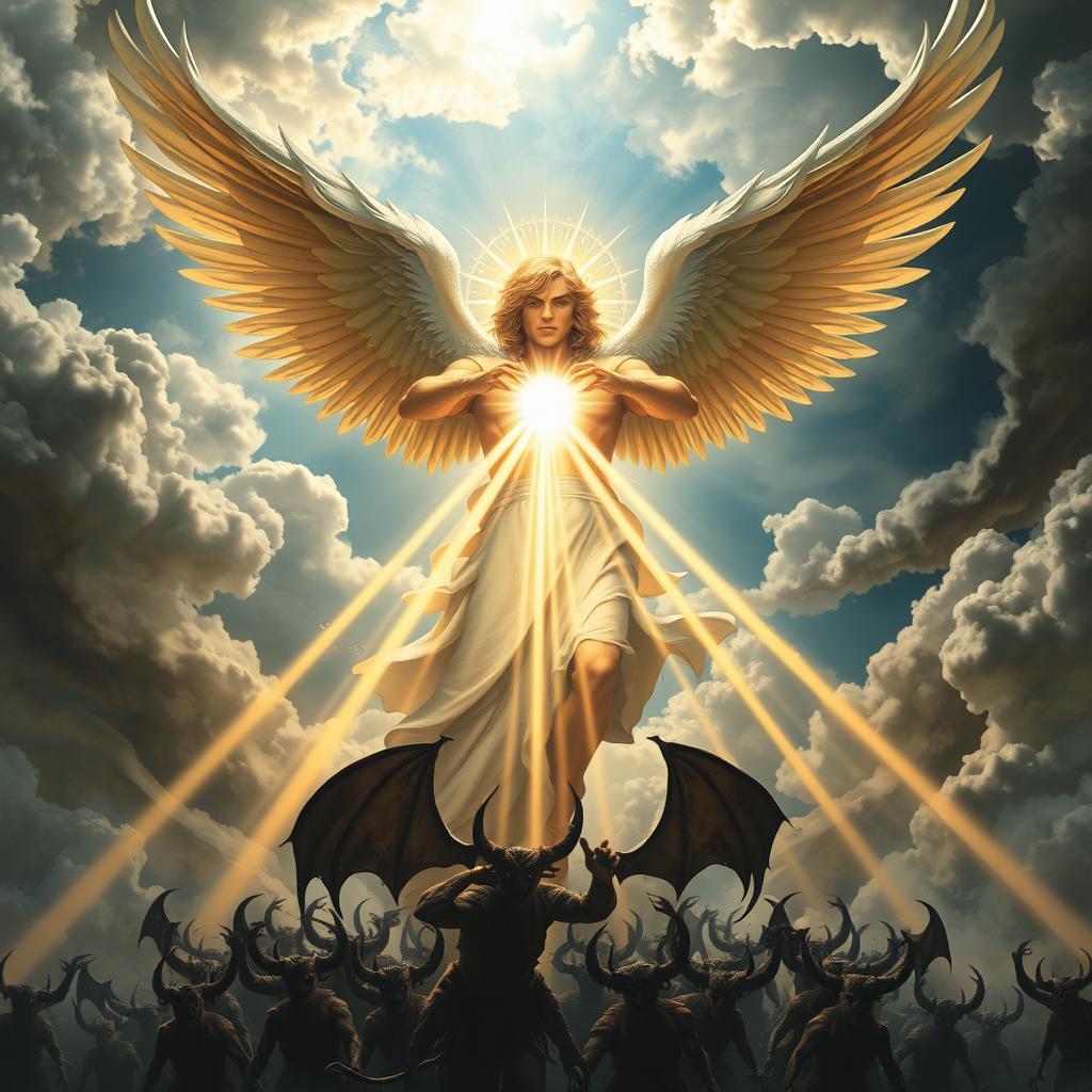 A celestial scene depicting a mighty angel with large, radiant wings and a glowing halo, launching an attack on a swarm of demonic figures below