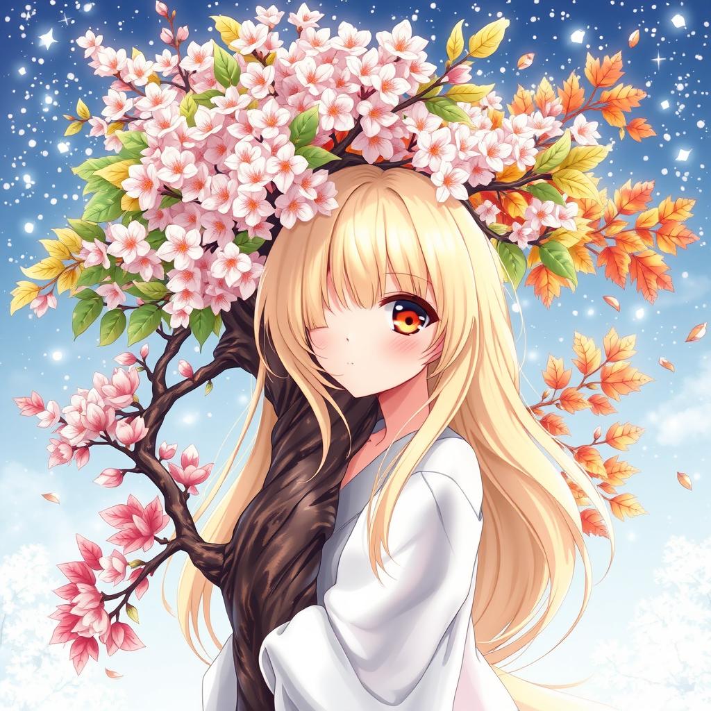 An enchanting anime-style illustration perfect for a book cover, featuring a blonde girl with brown eyes gracefully intertwined with a cherry tree, representing the beauty of all four seasons