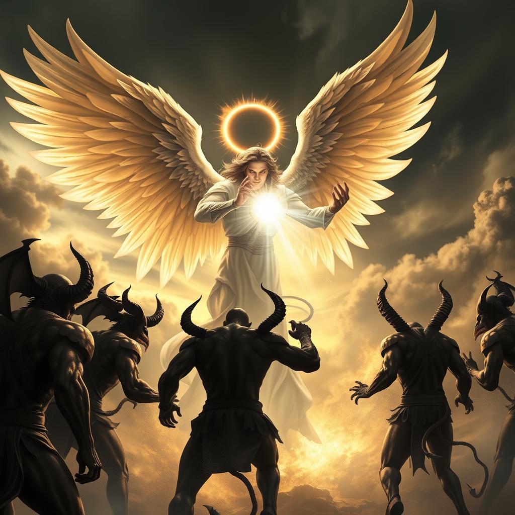 A powerful angel with majestic wings and a glowing halo, fiercely attacking a group of devils and their minions, who are depicted from behind