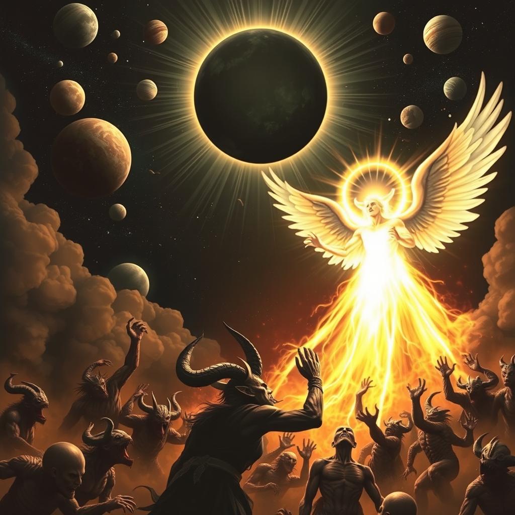An epic battle scene featuring a radiant angel with a glowing halo, fiercely attacking an imposing devil and his dark minions