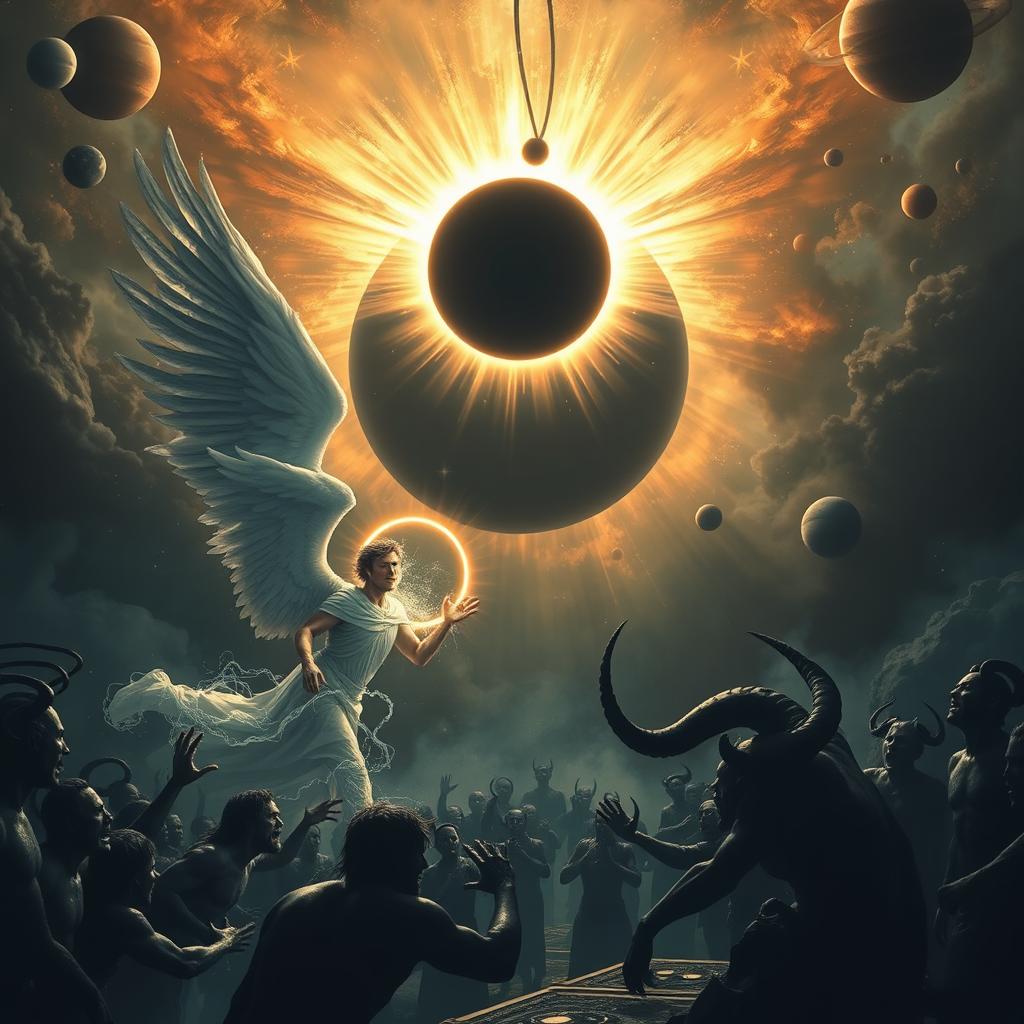 An epic scene depicting an angel with a radiant halo, fiercely attacking a menacing devil and his legion of dark minions