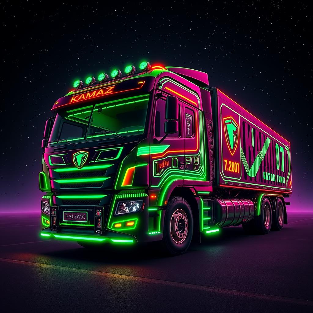 A cosmic Kamaz truck, vibrant neon green in color, set against a deep black background