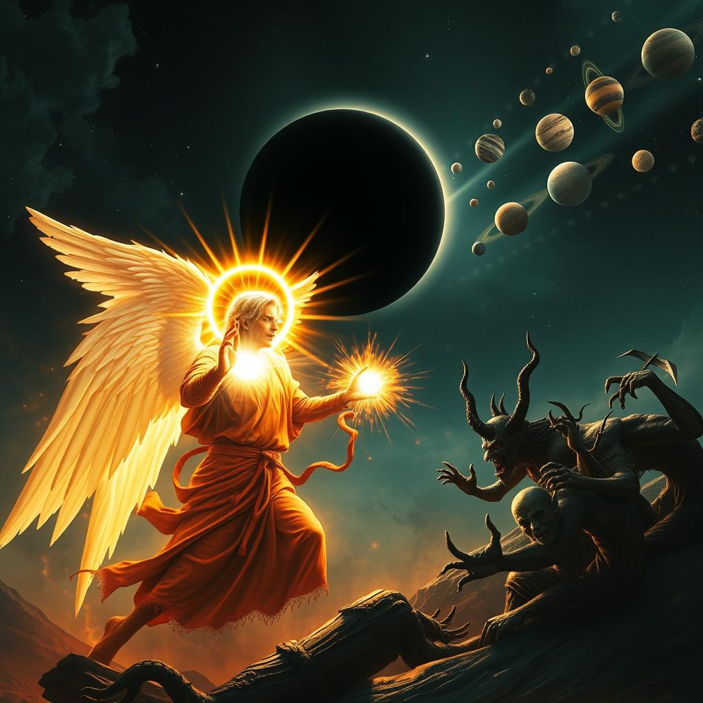 An epic scene depicting an angel with a glowing halo, fiercely attacking a menacing devil along with his followers