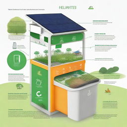 Create a detailed diagram of 'EcoHarvestBin' with labelled components like a solar panel, smart sensor, recycling chamber and mobile app icon, each with their respective functions indicated.