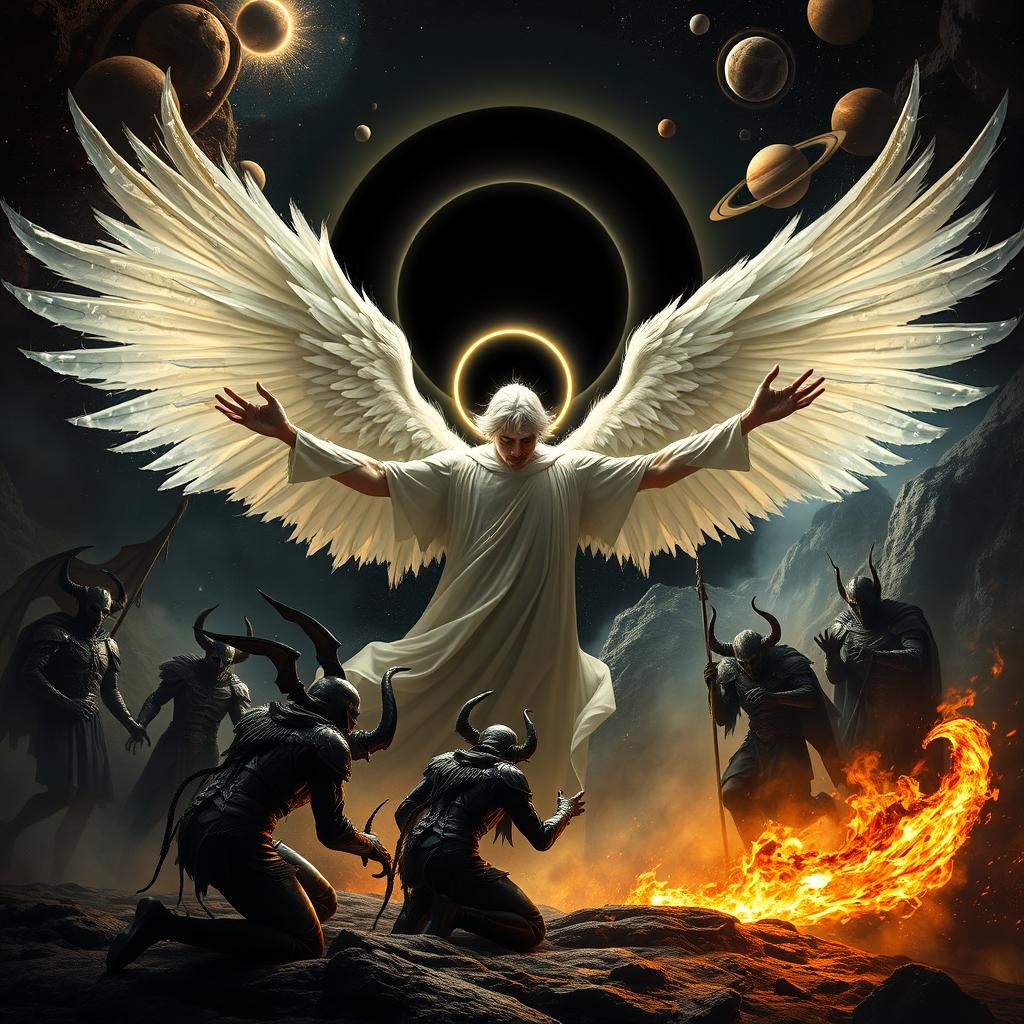 An angel with a radiant halo, powerful energy emanating from his hands, fiercely attacking a group of demons and their followers