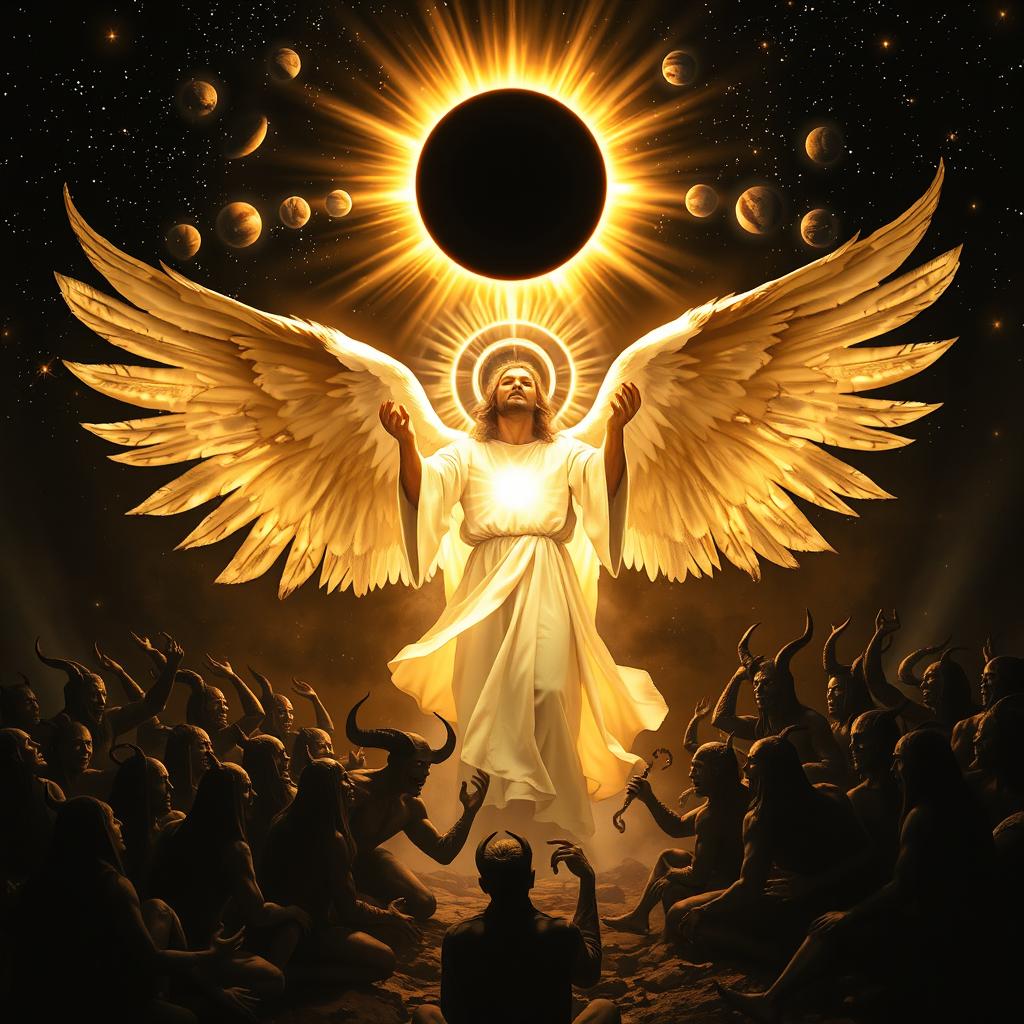 An angel with a radiant halo, surrounded by a crowd of devilish beings and their followers