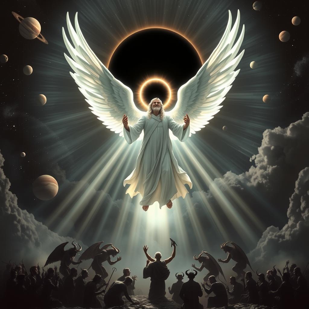 A majestic angel with a radiant halo, hovering above a group of devils and their followers