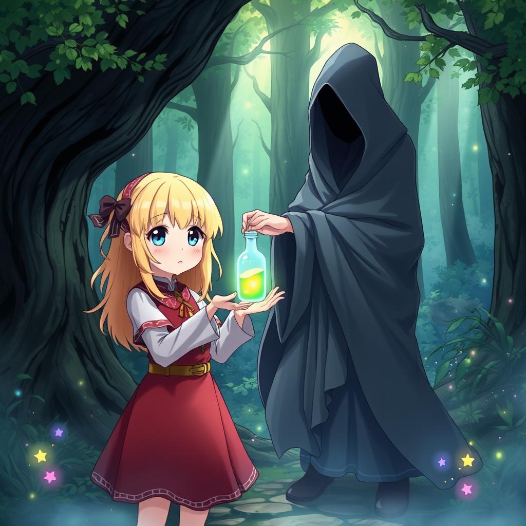 A magical anime-style illustration featuring a blonde girl with bright, expressive eyes, standing in an enchanted forest as she receives a glowing potion from a mysterious, faceless traveler