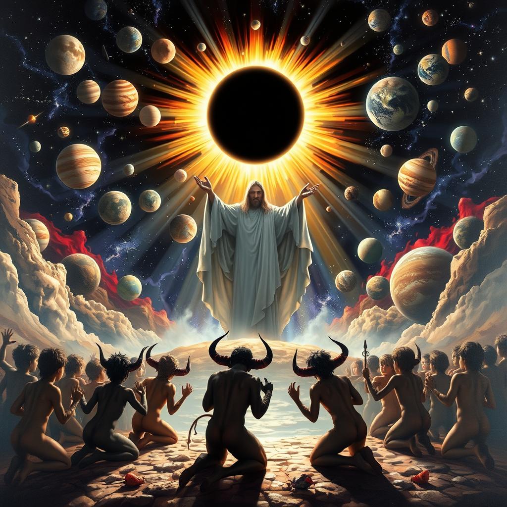 A powerful and dramatic scene depicting the children of the devil kneeling submissively in front of the children of God, showcasing contrasting expressions of defiance and reverence