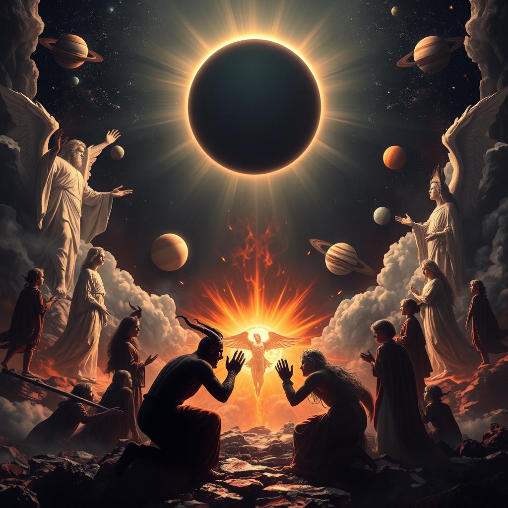 A dramatic scene depicting a celestial confrontation between the devil's children and God's children