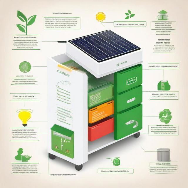 Create a detailed diagram of 'EcoHarvestBin' with labelled components like a solar panel, smart sensor, recycling chamber and mobile app icon, each with their respective functions indicated.