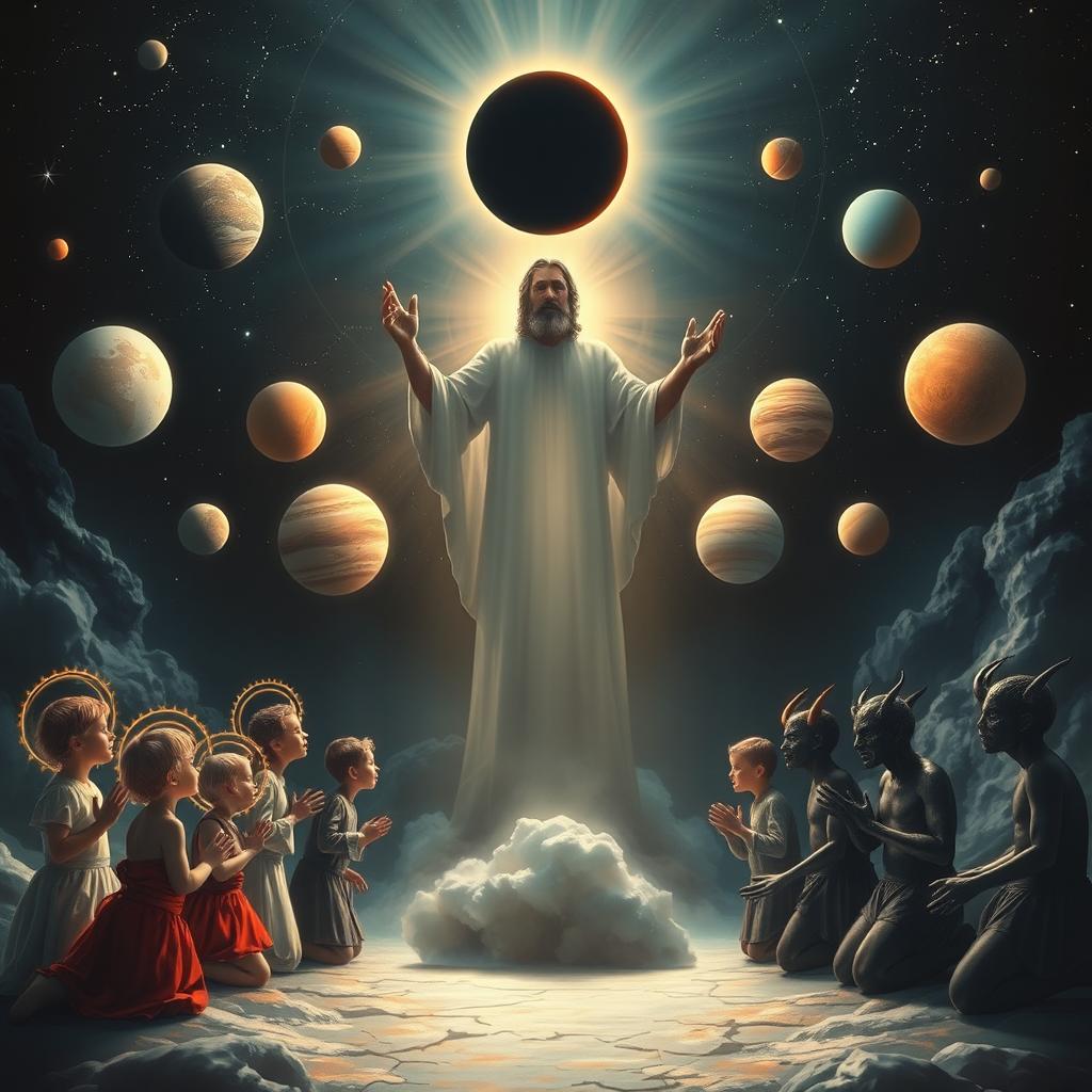 An intense celestial scene depicting the contrast between good and evil, with God's children kneeling in reverence on one side, adorned with glowing halos that radiate light and purity