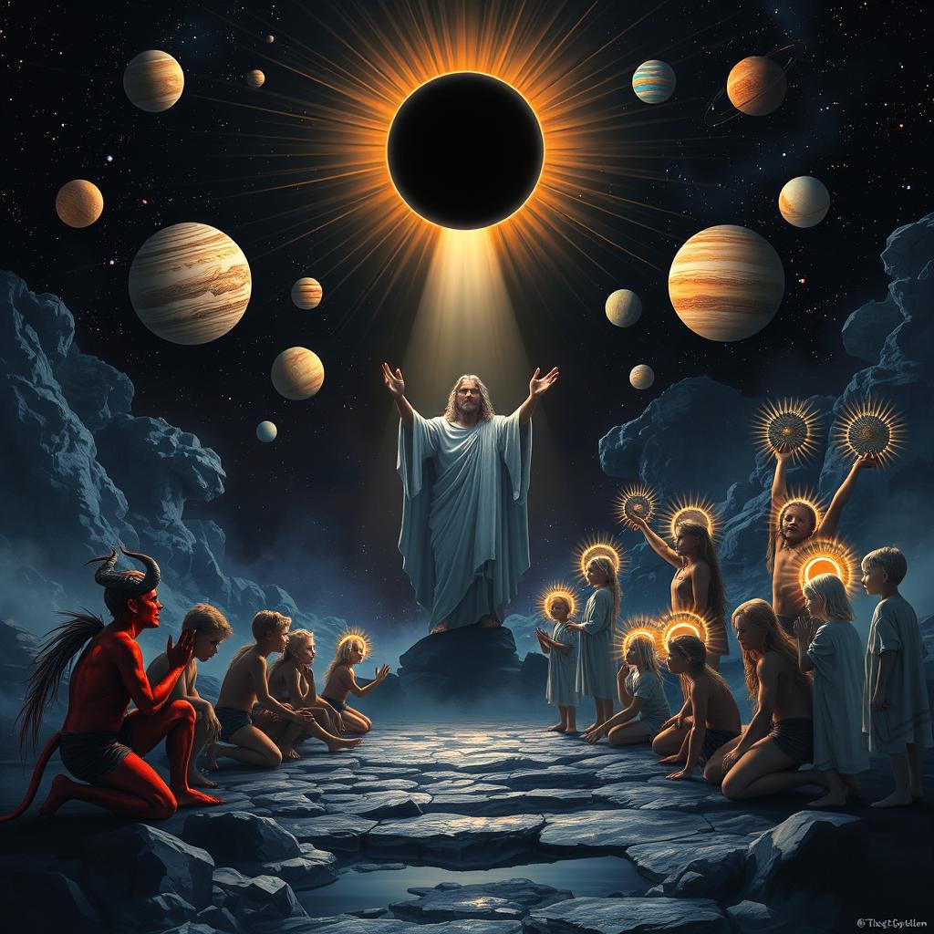 A dramatic scene depicting the devil's children on their knees, looking submissive, positioned on one side, while God's children, adorned with glowing halos, stand confidently on the opposite side, creating a clear separation