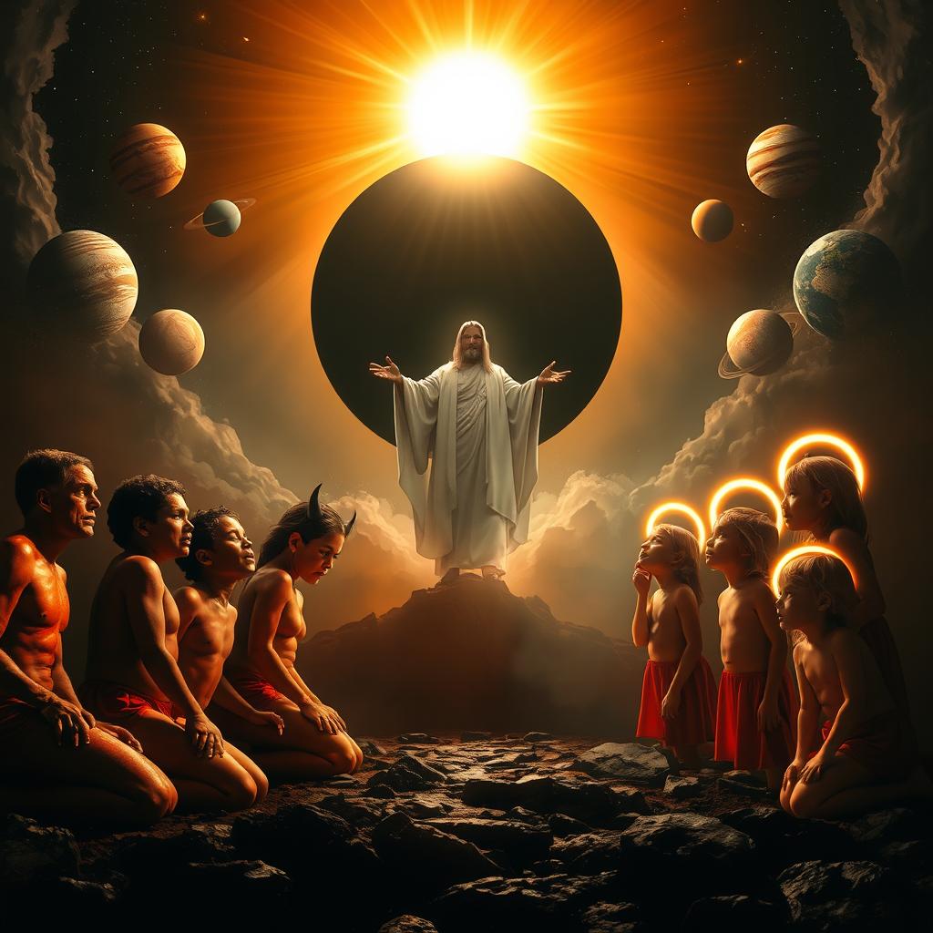 A dramatic and visually striking scene depicting the contrast between the devil's children and God's children