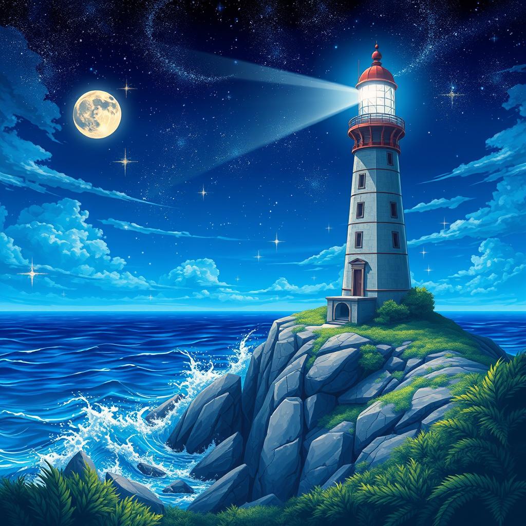 An anime-style art depicting a majestic lighthouse standing tall on a rocky cliff