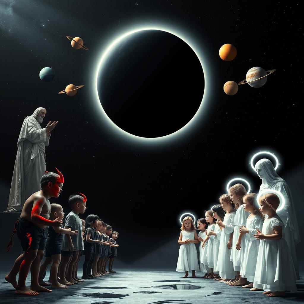 A striking scene depicting a spiritual divide: on the left, the Devil's children with red skin on their knees, representing their connection to darkness; on the right, God's children adorned with glowing halos, symbolizing purity and light