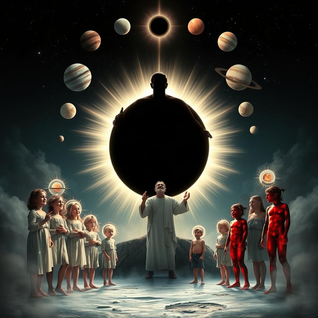 In a dramatic and symbolic scene, on either side, there are two groups: the children of God, glowing with joy and radiance, adorned with halos, and the devil's children, depicted with red skin on their knees, showing signs of despair