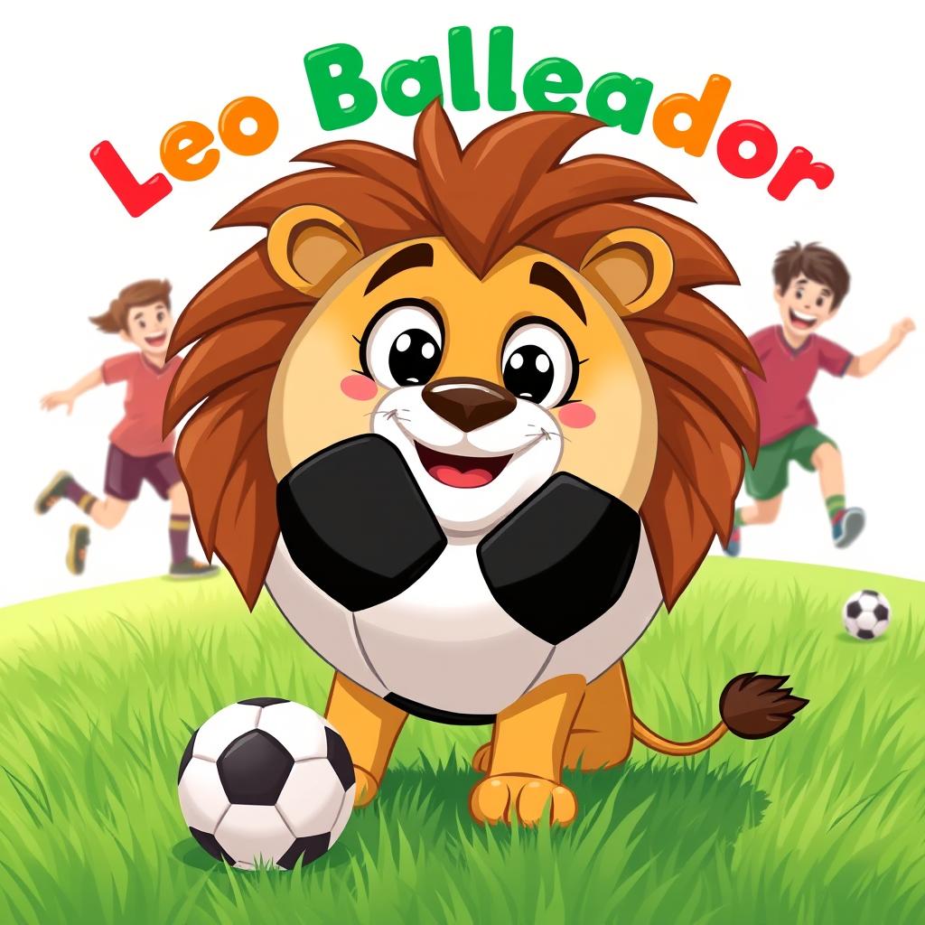 A whimsical lion designed to resemble a soccer ball, featuring a round body patterned with black and white patches that mimic a traditional soccer ball design