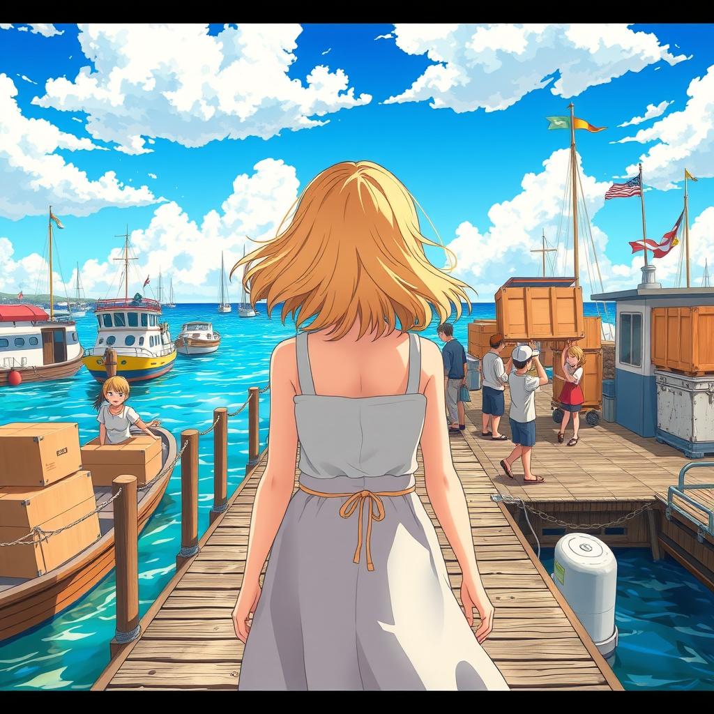 An engaging anime-style illustration featuring a blonde girl viewed from behind as she approaches a bustling pier