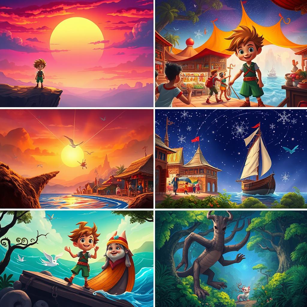 A series of vibrant scenes showcasing a charismatic and adventurous character in various engaging settings