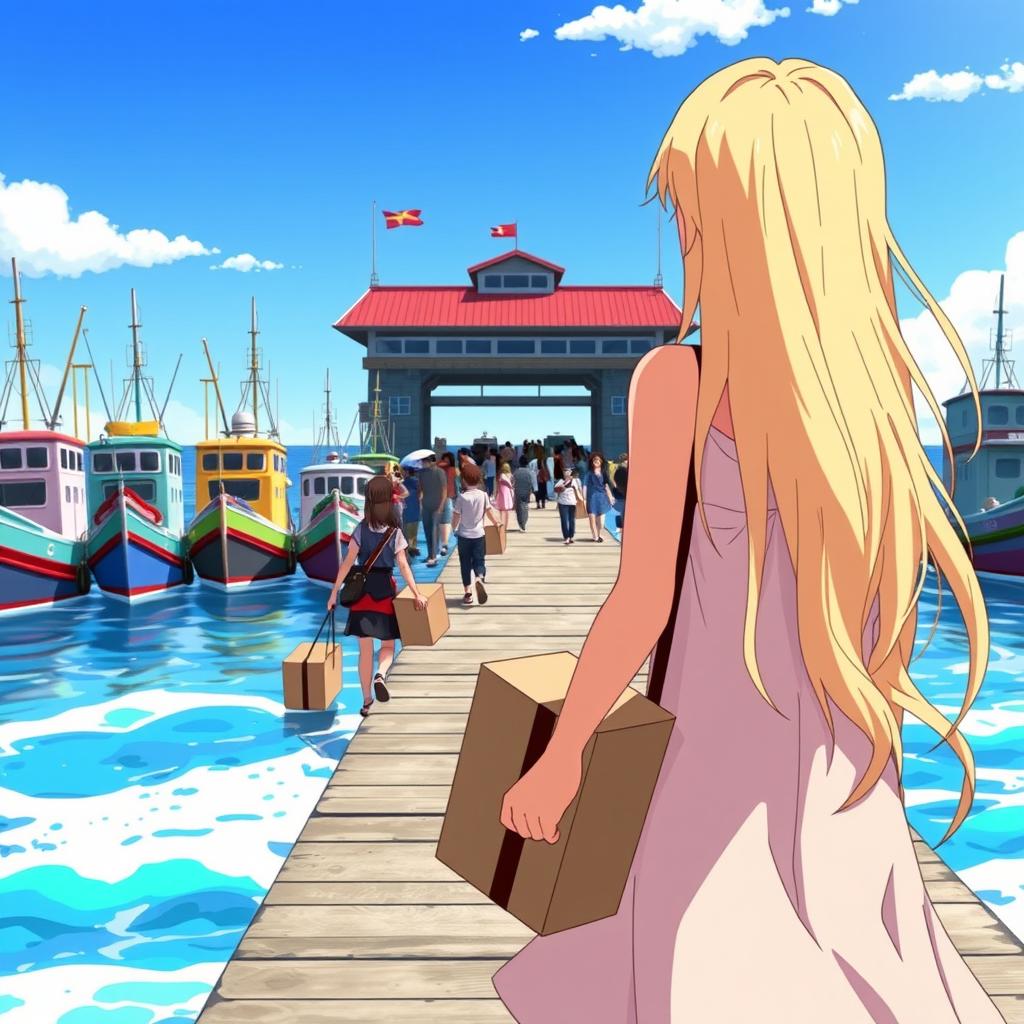An inviting anime-style illustration featuring a blonde girl with long hair, viewed from behind as she walks toward a bustling pier