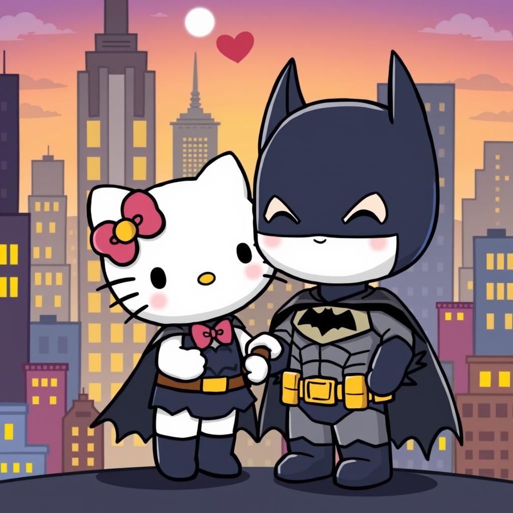 A whimsical and adorable scene featuring a crossover couple of Hello Kitty and Batman