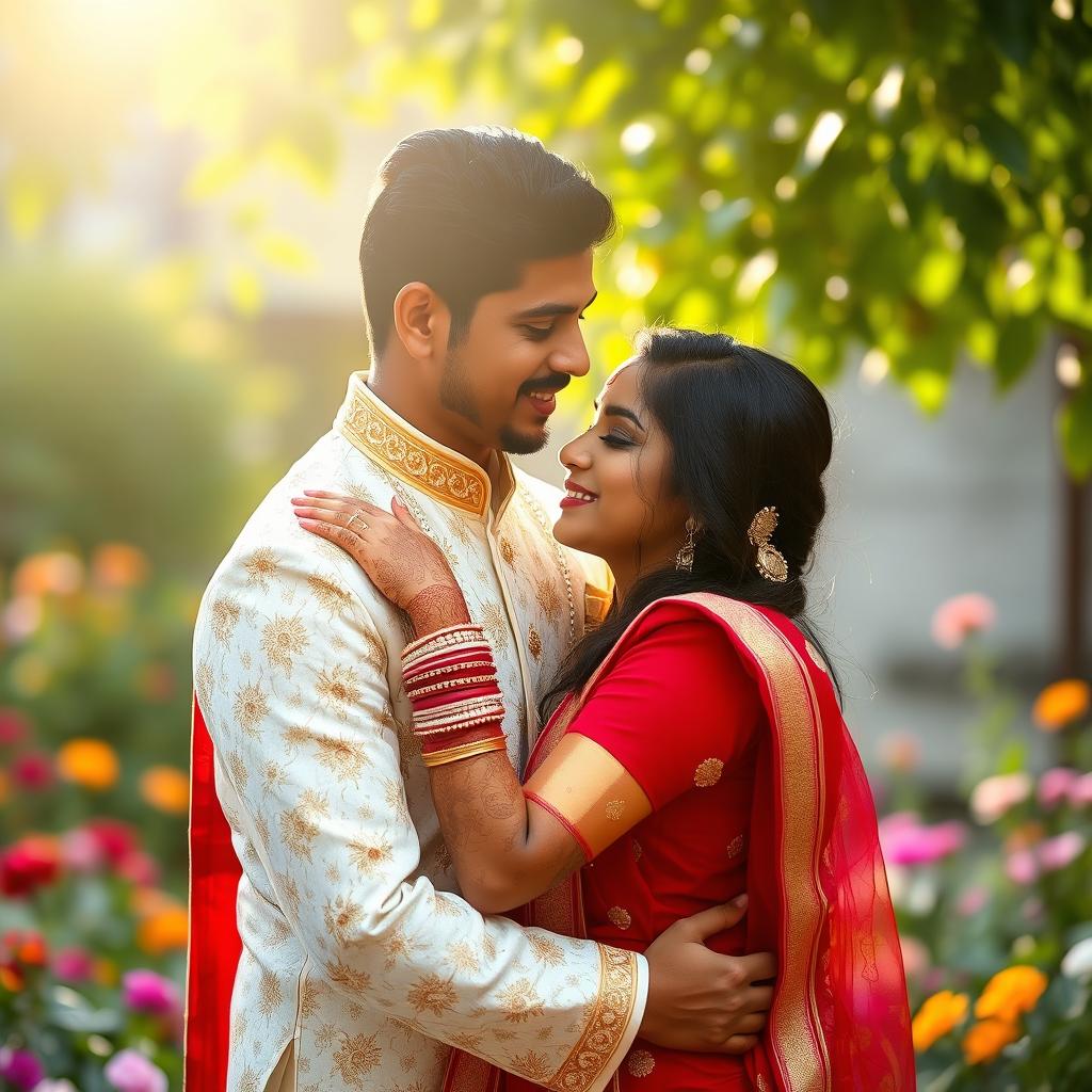 A beautiful Indian couple lovingly embracing each other in a warm and tender moment