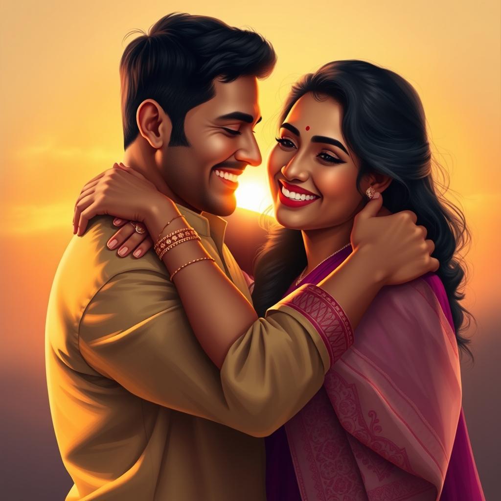 A beautiful digital painting of an Indian couple embracing each other in a warm and loving hug