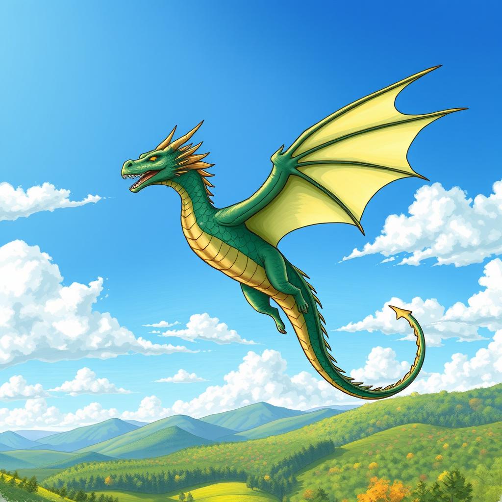 An artistic representation of a dragon soaring majestically through the sky