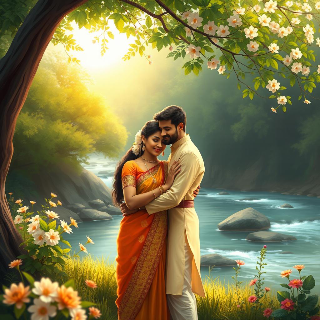 A digital painting of a romantic Indian couple embracing each other in a lush, picturesque natural setting