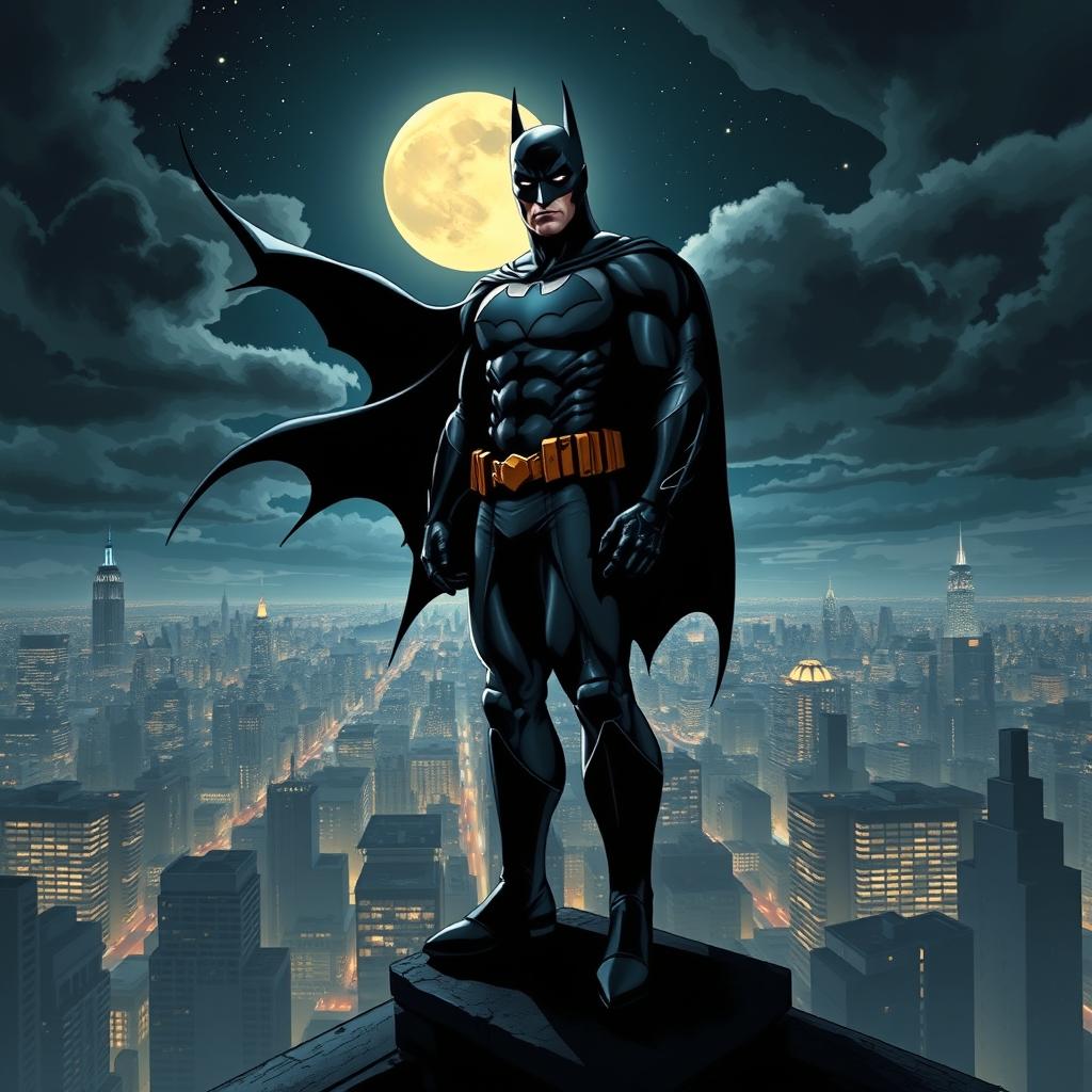 A dynamic and dramatic portrait of Batman standing on a rooftop at night, overlooking a sprawling city skyline