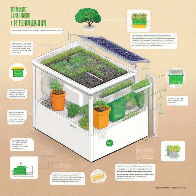 Modify the 'EcoHarvestBin' diagram to a simplified version with English labels. Make sure to include key components: solar panel, smart sensor, recycling chamber, and mobile app icon, each clearly labelled with their function.