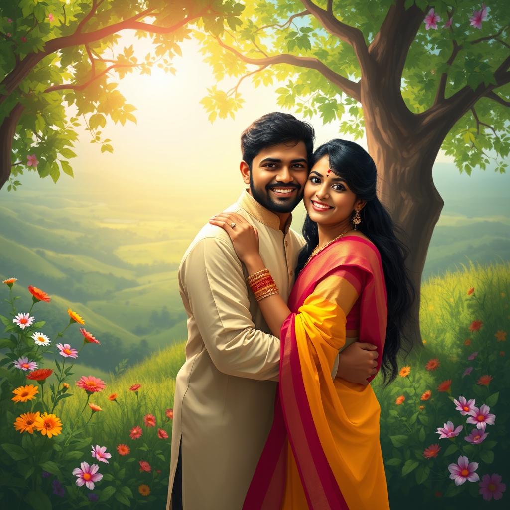 A digital painting of an Indian couple embracing each other in a beautiful natural setting