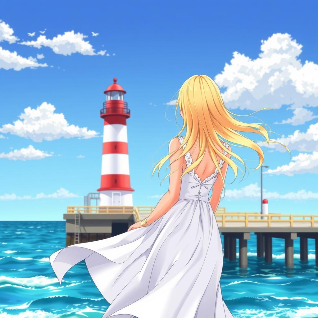 A beautiful blonde woman standing upright in a flowing white dress in front of a picturesque pier lighthouse, viewed from a back perspective